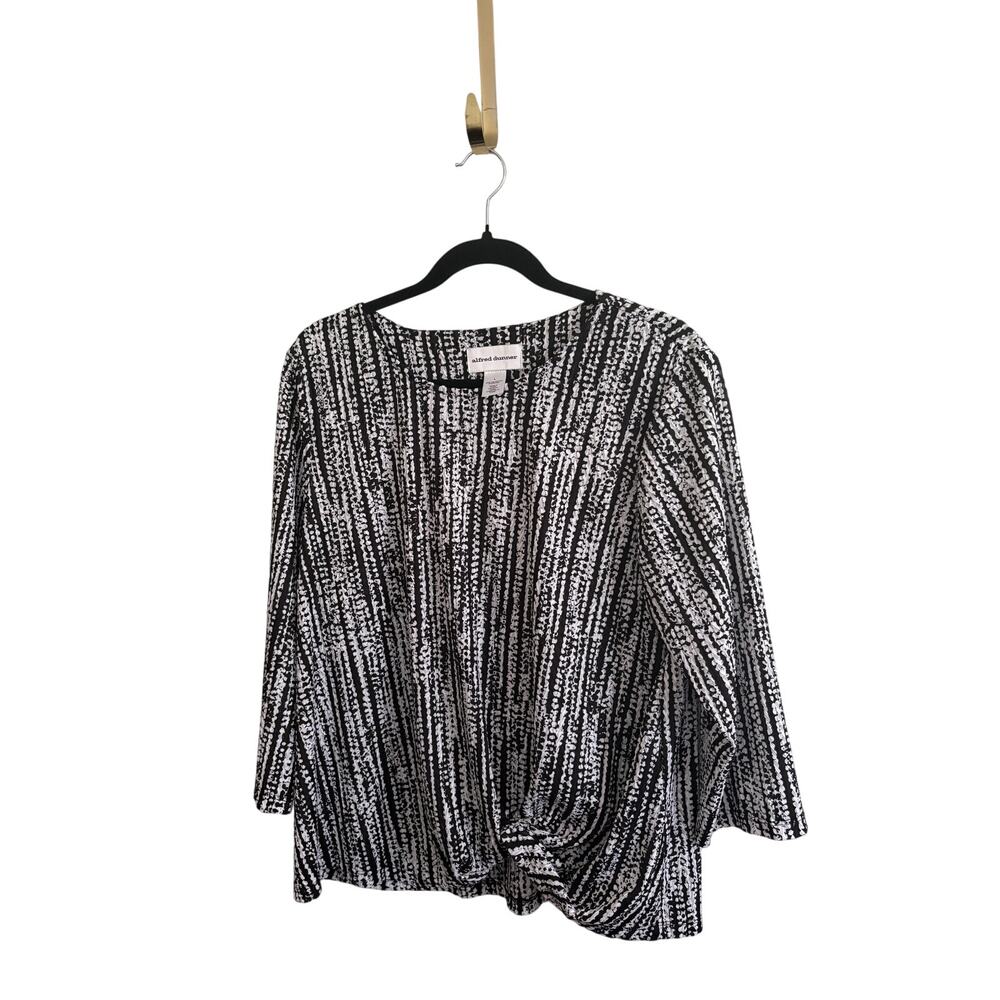 Alfred Dunner Top Womens Large Black White Textured Stripe Twist Front Blouse